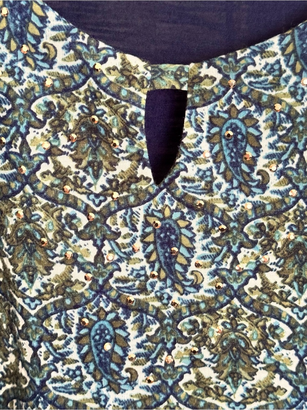 White Stag Women’s L Mock Layer Cardigan Navy Blue Paisley Print 2-in-1 Top NWOT - Picture 7 of 11
